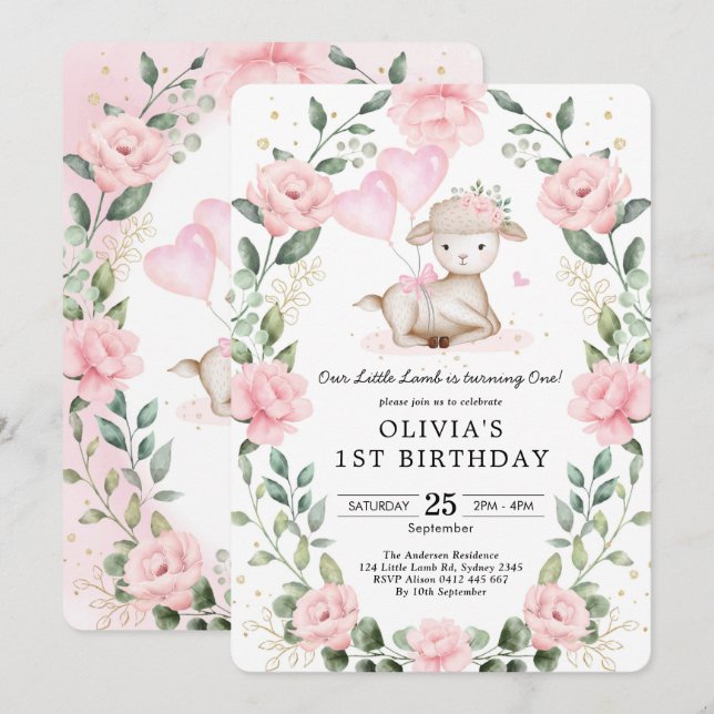 Flicklamm Baby får  Blommigt 1:a födelsedagen Inbjudningar (Fram/baksida)