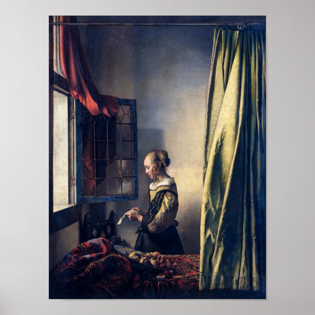 Flickläsning Brev efter öppet fönster | Vermeer | Poster (Framsidan)