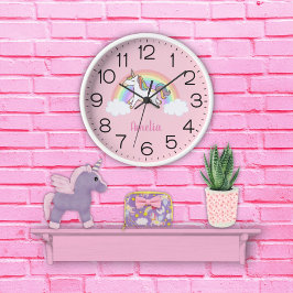 Flickls Cute Rosa Unicorn Rainbow Personlig Kids Rund Klocka