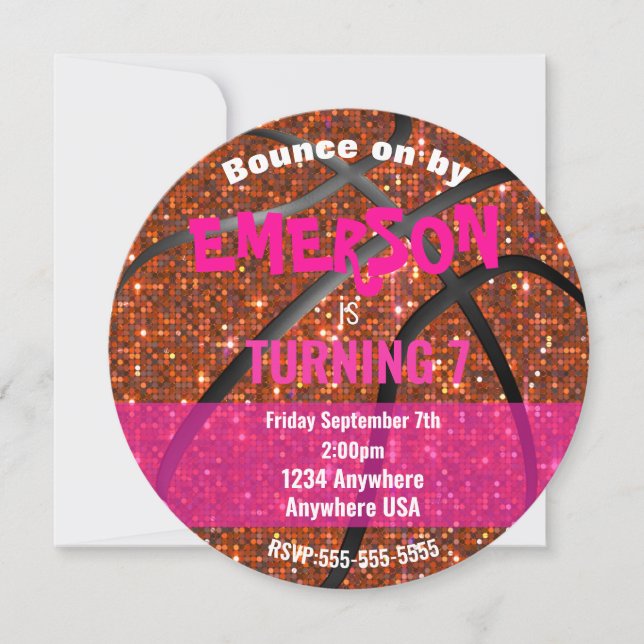 Flickls Glitter basketboll Birthday, Rosa Bball Inbjudningar (Framsida)