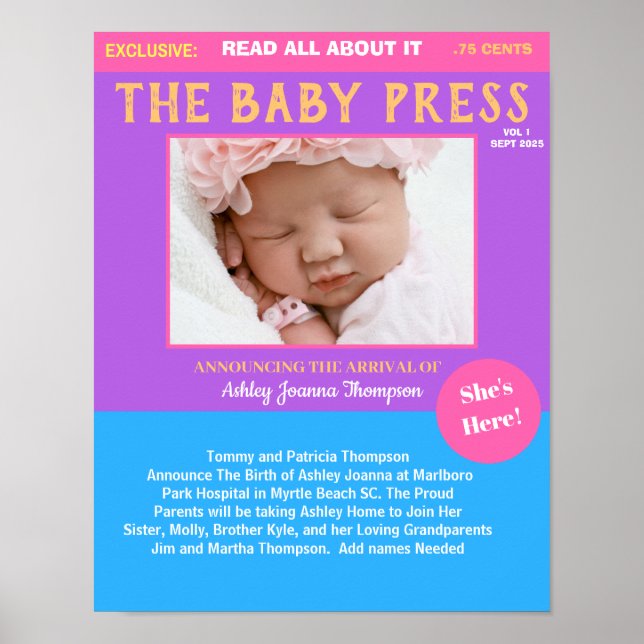 Flickls Lila Keepsaké Photo Birth Notice Poster (Framsidan)