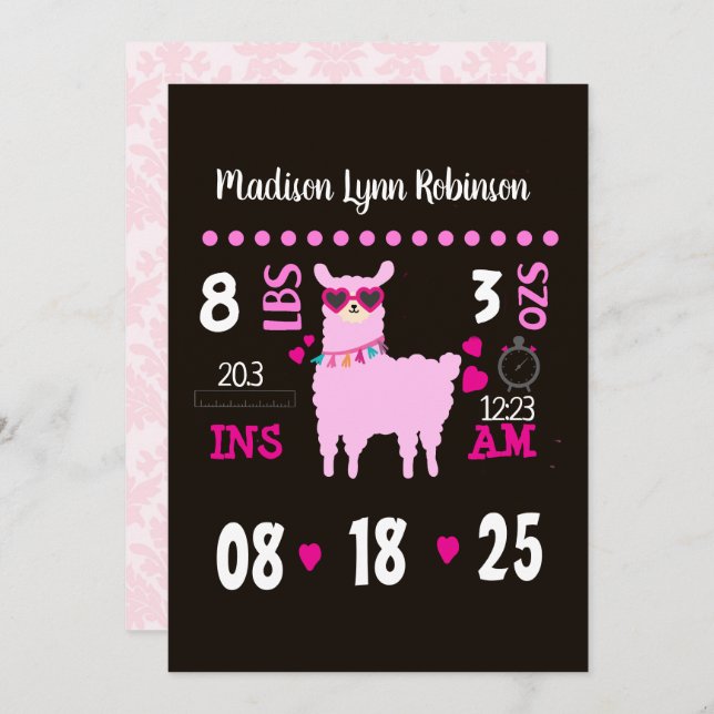 Flickls llama Photo Birth Announcement Inbjudningar (Fram/baksida)