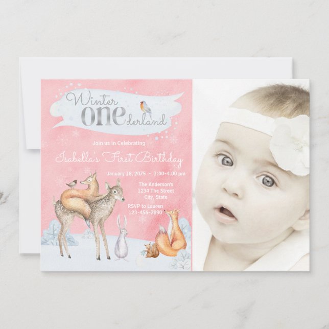 Flickls Winter ONEderland Woodland Foto Birthday Inbjudningar (Framsida)