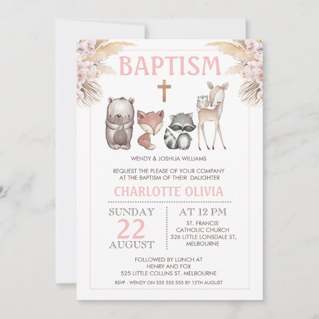 Flickls Woodland Boho Blommigt Baptism-inbjudan Inbjudningar (Framsida)