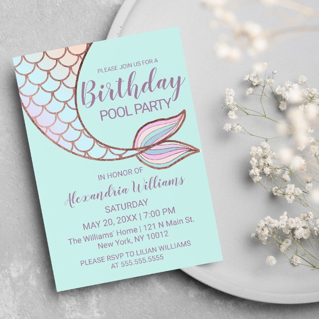 Flickly Ro Guld Mint Sjöjungfru Svan Bassäng födel Inbjudningar (Girly Rose Gold Mint Mermaid Tail Pool Birthday Invitation)