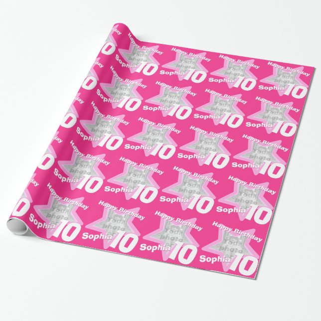 Flicknamn ålder 10 lägg till ditt foto rosa stjärn presentpapper (Utrullad)
