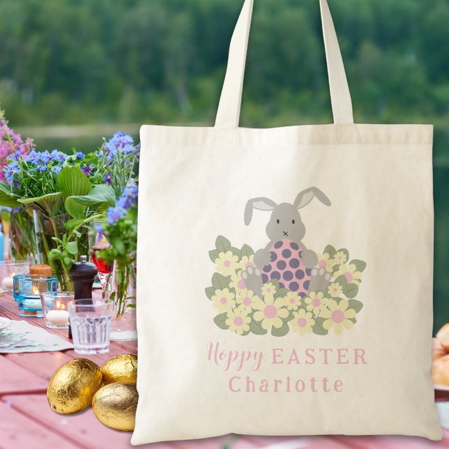 Flicknamn Glad Påsk Äggsökning Kanin Blommig Tygkasse (Personalized girls name Easter egg hunt cute bunny daisy floral pink tote bag)