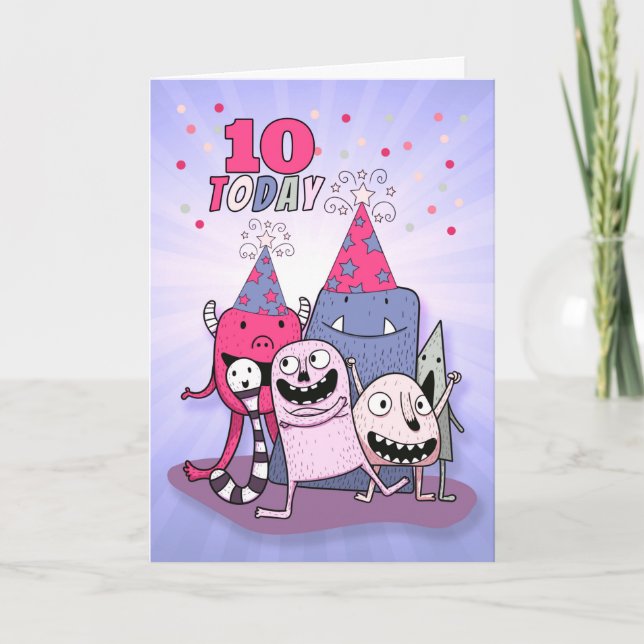 Flickor 10:e födelsedag Rosa på Lila Tecknad Monst Kort (Framsida)