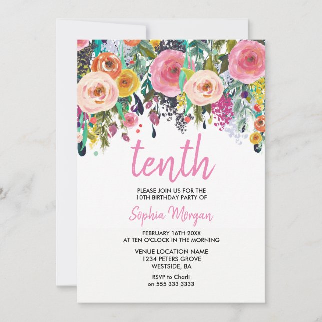 Flickor 10:e Födelsedagsfesten Inbjudan Rosa Flowe (Framsida)