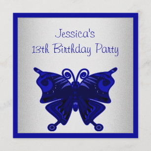 Flickor 13:e födelsedagen Cobalt Blue Butterfly Si Inbjudningar
