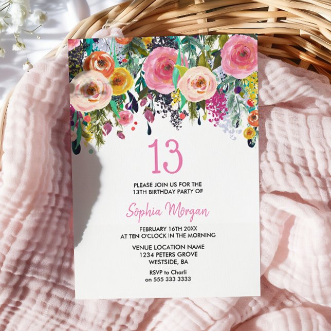 Flickor 13:e Födelsedagsfesten Inbjudan Rosa Flowe (Skapare uppladdad)