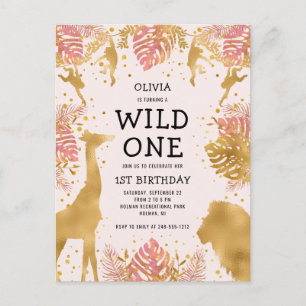 Flickor 1:a födelsedag Party Rosa Jungle Safari Inbjudan Vykort