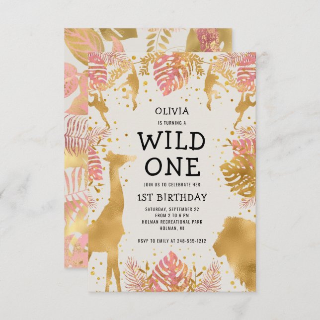 Flickor 1:a födelsedag Rosa Ecru Safari Inbjudningar (Fram/baksida)