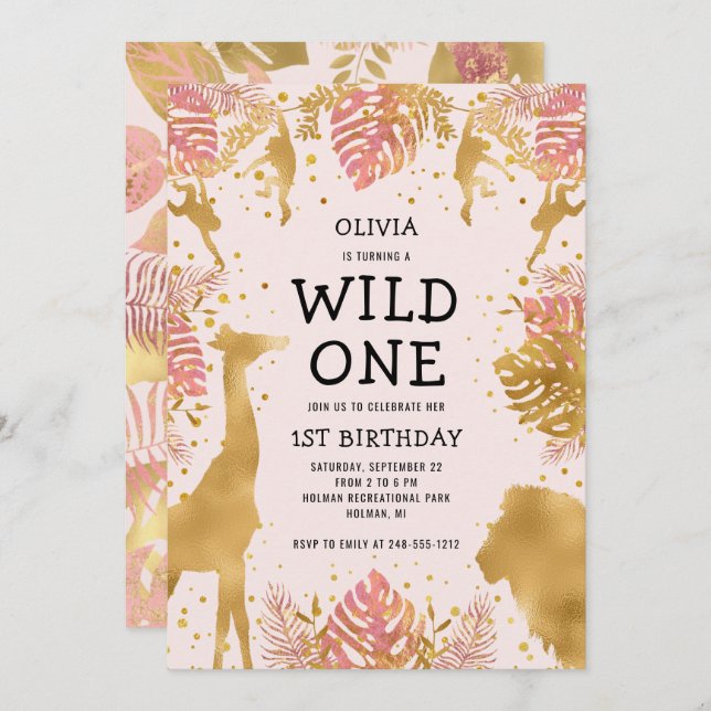 Flickor 1:a födelsedag Rosa Jungle Safari Inbjudningar (Fram/baksida)