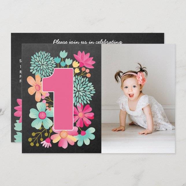 Flickor 1:a födelsedag Söt nummer 1 Foto Inbjudan (Fram/baksida)