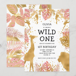 Flickor 1:a födelsedagen Rosa Guld Safari Inbjudningar