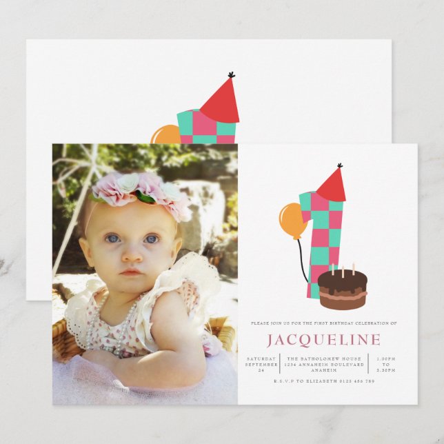 Flickor 1:a födelsedagsfoto inbjudningar (Fram/baksida)