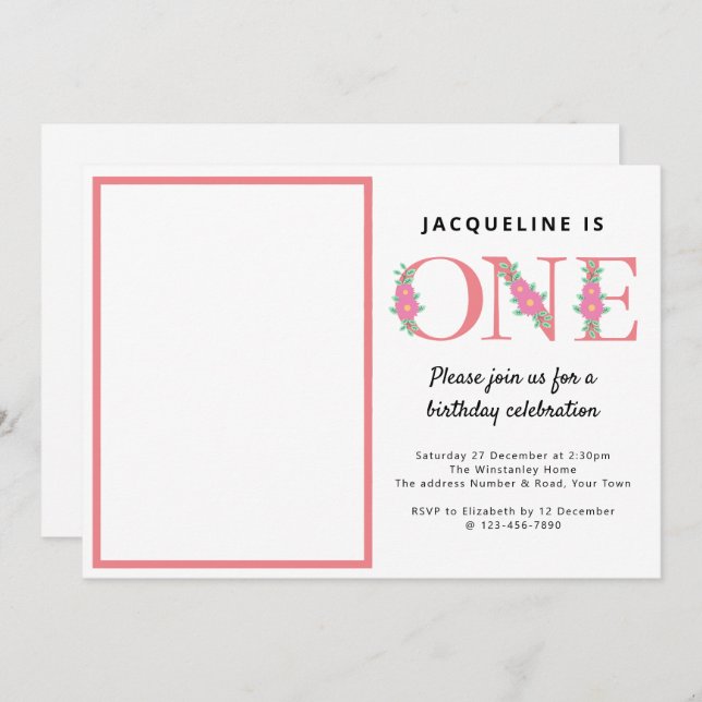 Flickor 1:a födelsedagsfoto inbjudningar (Fram/baksida)