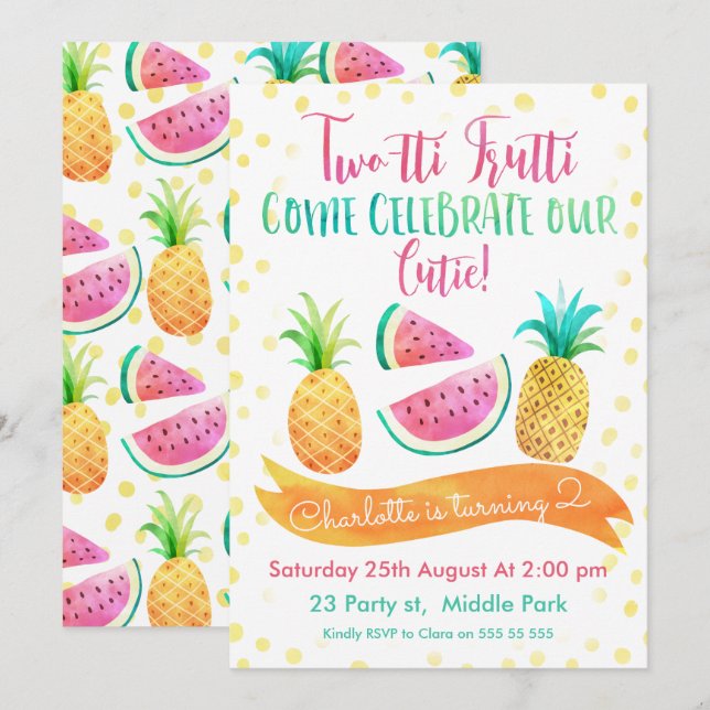 Flickor 2-tti Frutti 2:a födelsedagsinbjudan Inbjudningar (Fram/baksida)