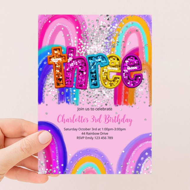 Flickor 3-årsdag Glittrande Regnbåge Festsedel Inbjudningar (Skapare uppladdad)