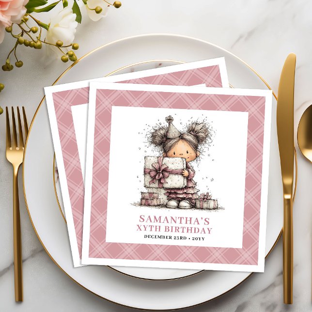 Flickor 3-årsdag Roligt Excentrisk Rosa Servett (Girls 3rd Birthday Funny Quirky Whimsy Pink Napkin)