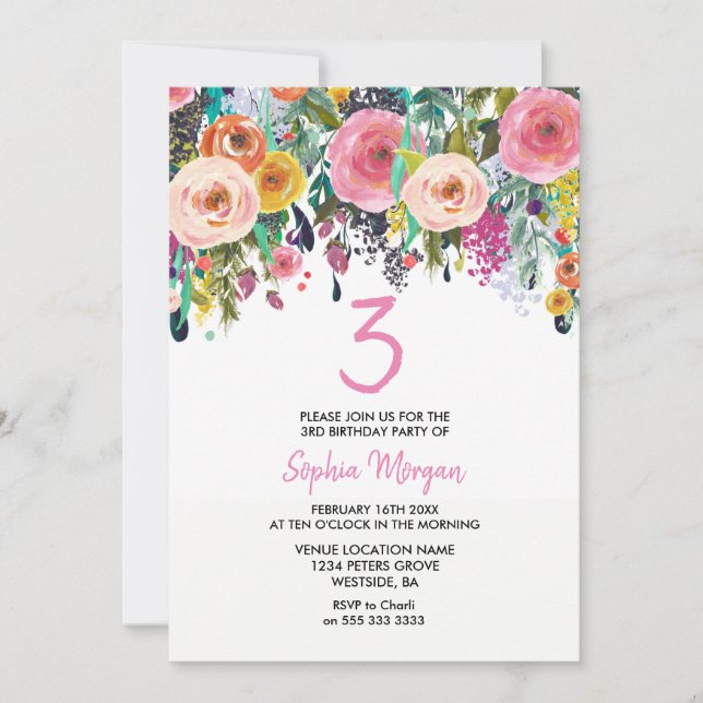 Flickor 3:e födelsedag Party Inbjudan Rosa Flower  (Framsida)