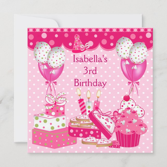 Flickor 3:e födelsedag Party Rosa spotkummel 3 Inbjudningar (Framsida)