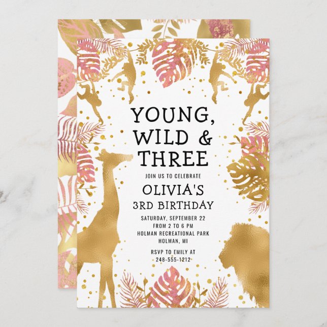 Flickor 3:e födelsedag Rosa Guld Safari Inbjudningar (Fram/baksida)