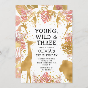 Flickor 3:e födelsedag Rosa Guld Safari Inbjudningar