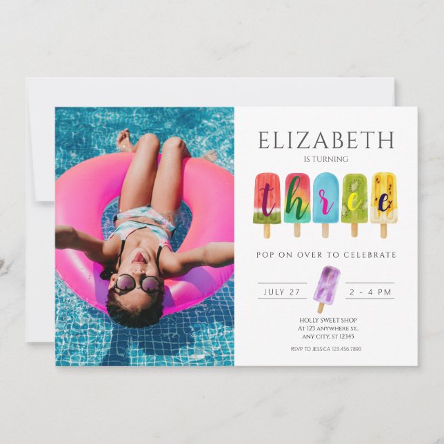 Flickor 3:e födelsedag Sommarpopsicle Ice Cream Inbjudningar (Framsida)