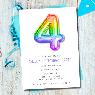 Flickor 4-års födelsedagsballongparty inbjudningar