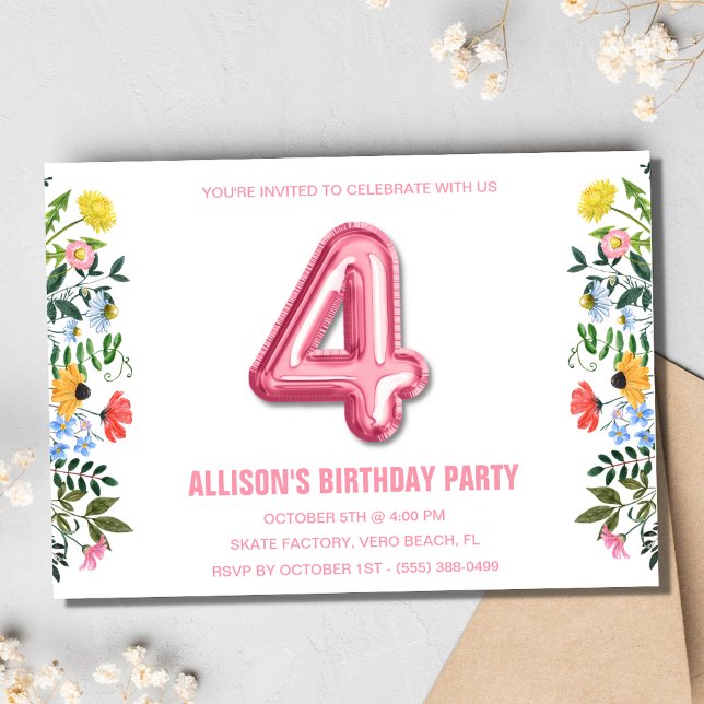 Flickor, 4:e legeringens Födelsedagsfest Inbjudningar (Girls 4th Balloon Birthday Party Invitation)