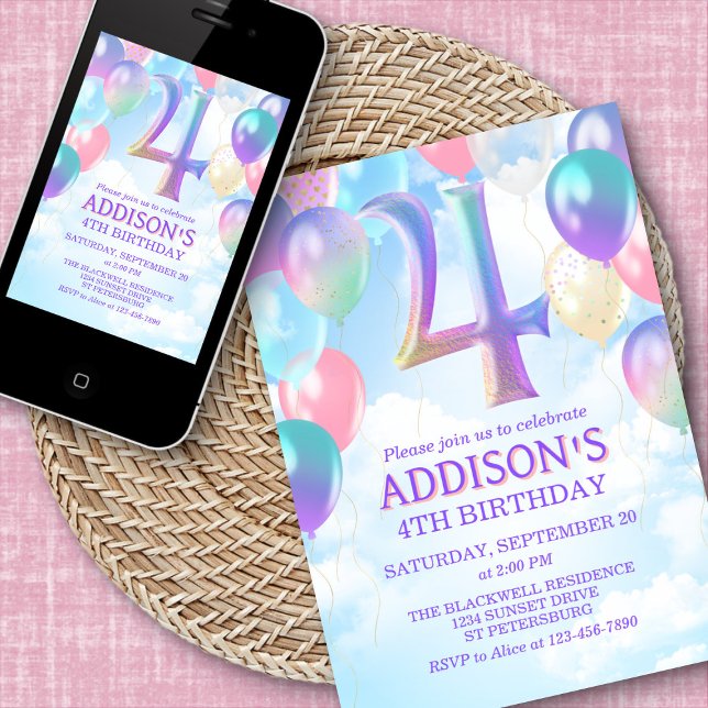 Flickor 4e födelsedagen Rainbow Balloons-inbjudan Inbjudningar (Skapare uppladdad)