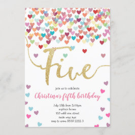 Flickor 5:e födelsedagen Hearts Confetti Rainbow G Inbjudningar