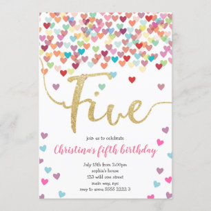Flickor 5:e födelsedagen Hearts Confetti Rainbow G Inbjudningar