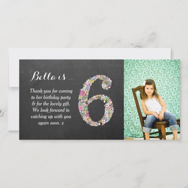Flickor 6e födelsedag, Blommigt, fotokort för Tack (Framsida)