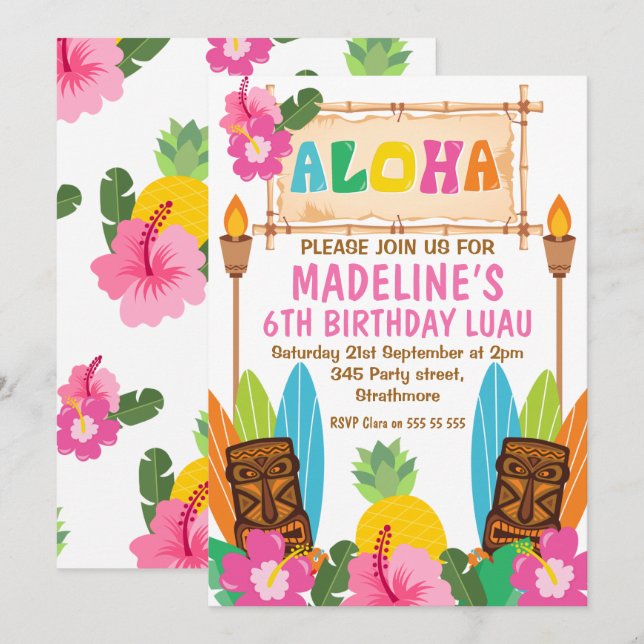 Flickor Aloha Luau Birthday-inbjudan Inbjudningar (Fram/baksida)