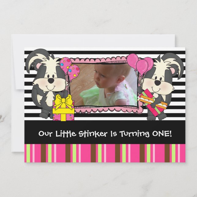 Flickor Anpassningsbar Little Stinker Skunk Birthd Inbjudningar (Framsida)
