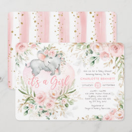 Flickor av elefant Rosa  Guld Blommor Babykläder Inbjudningar
