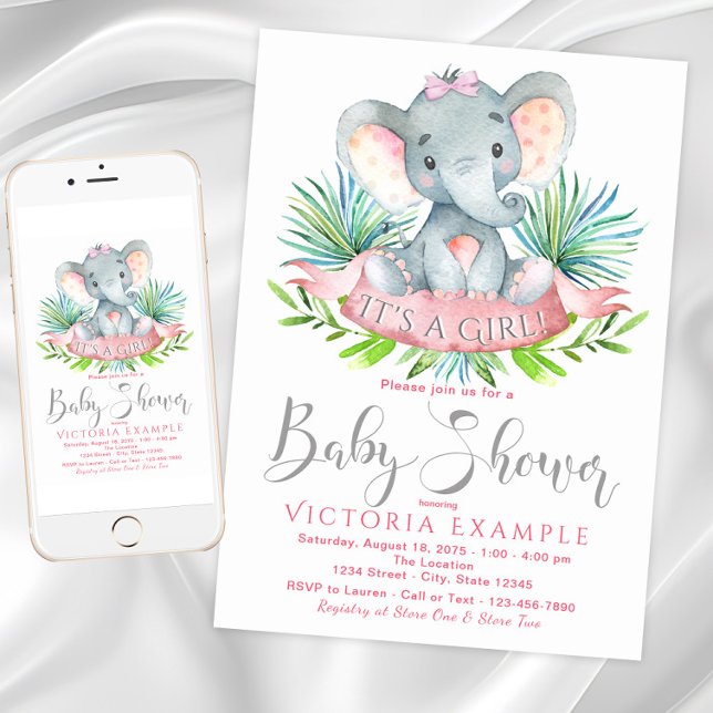 Flickor Baby Elefant Baby Shower Inbjudningar (Girl elephant baby shower invitation with adorable baby elephant with bow. Digital and printed.)