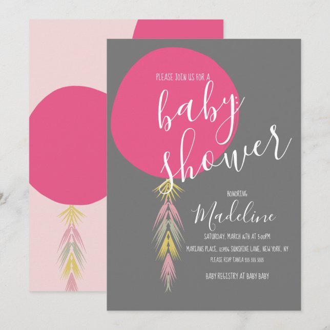 Flickor Baby Shower Tassel Boho Ballong  Inbjudningar (Fram/baksida)