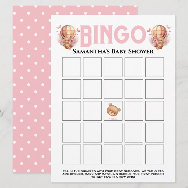  Flickor Babyshower Teddyballong Rosa Bingo  Inbjudningar (Fram/baksida)