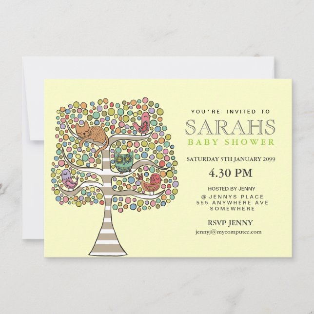 Flickor Babyskor Uggla Kat och fåglar Inbjudan (Framsida)