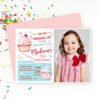 Flickor Baking Party Cupkaka Birthday Photo Inbjudningar