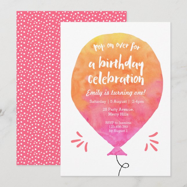 Flickor Balloon Birthday-inbjudan Inbjudningar (Fram/baksida)