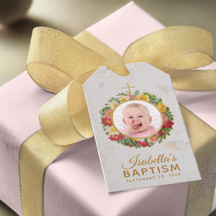 Flickor Baptism Foto i Blommigten för andningsskyd Presentetikett