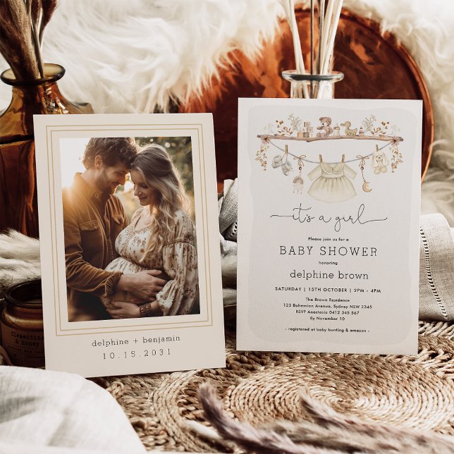 Flickor Barnkläder Boho Neutralt Tone Baby Shower Inbjudningar (Skapare uppladdad)