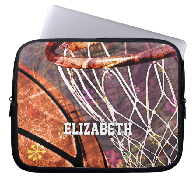 Flickor Basketball och Ring rosa lila hennes namn Laptop Fodral (Framsidan)