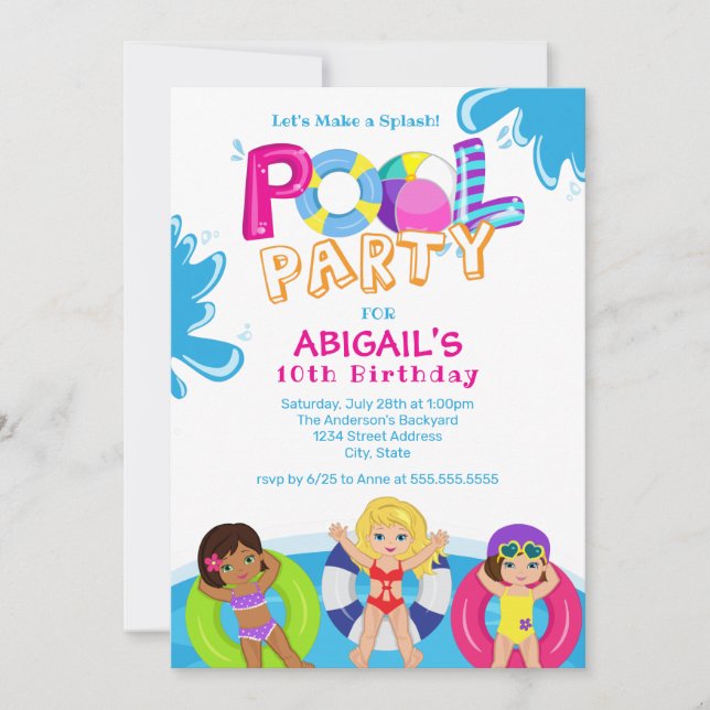 Flickor Bassäng Party 10:e födelsedagen Inbjudningar (Framsida)