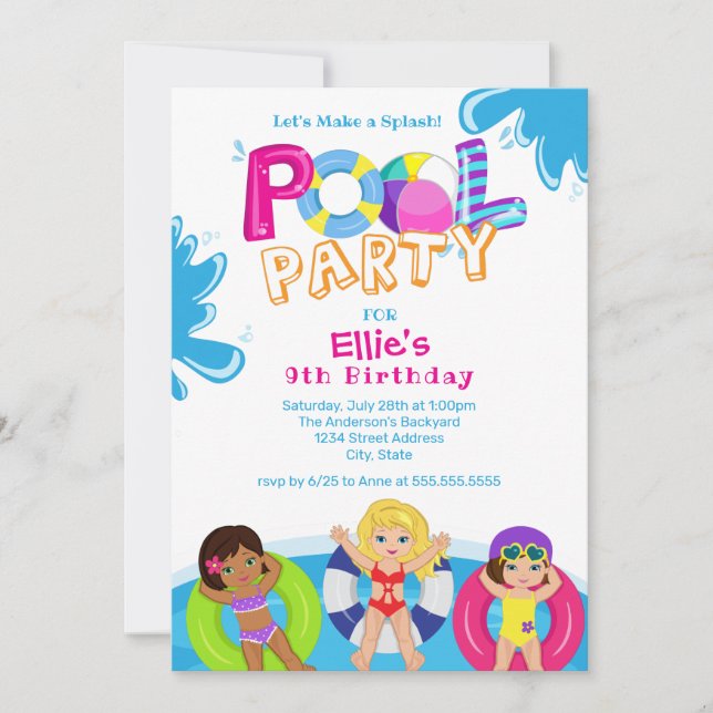 Flickor Bassäng Party 9:e födelsedagen Inbjudningar (Framsida)